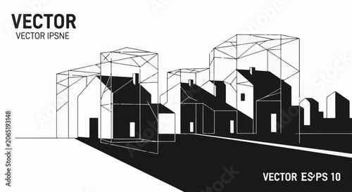 A black and white vector illustration of a suburban street with houses and buildings