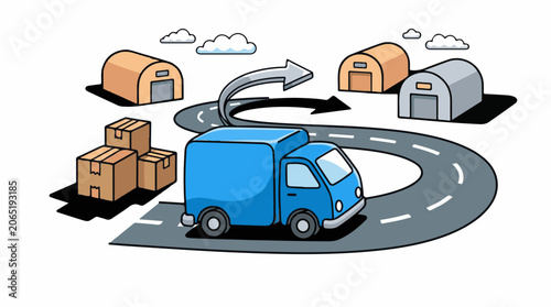 A blue truck drives on a winding road delivering packages to warehouses