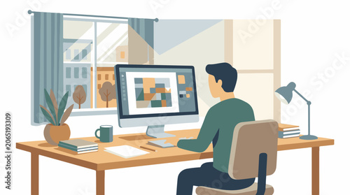 A man sits at a desk in front of a computer