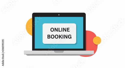 A laptop displays a blue screen with ONLINE BOOKING on a white background