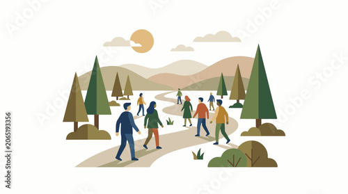 A group of people walking on a winding path through a forested mountain landscape