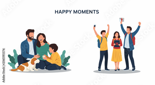 A graphic illustration of two happy moments, one with a family and their dog and another with young friends