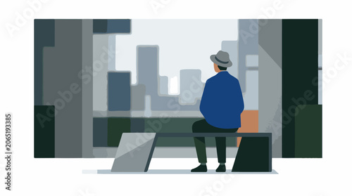 A man sits on a bench, gazing out at city skyline