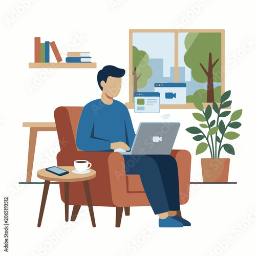 A man sits on a chair with laptop on lap