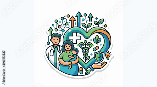 A colorful illustration of a doctor, woman, and child surrounded by a heart with a medical cross