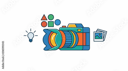 A colorful graphic illustration of a camera with shapes and a lightbulb