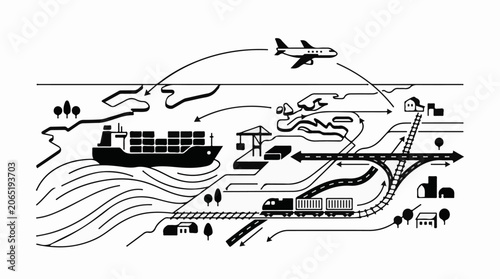 A black line illustration of international transportation routes and methods