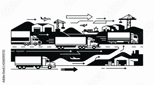 A black and white graphic depicting various trucks and vehicles transporting goods through a landscape with buildings and cranes
