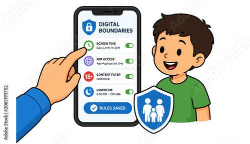 Hand using a smartphone app to set digital boundaries and parental controls for a child