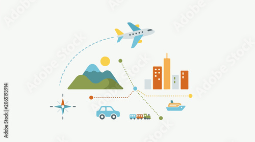 Colorful graphic depicting travel and transportation icons