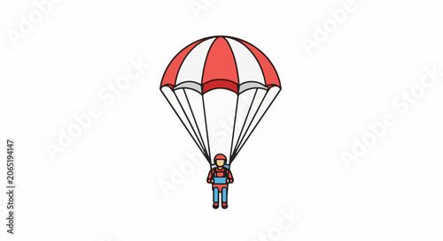 A person wearing a red helmet and harness attached to a red