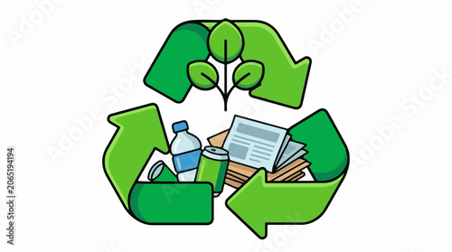 A recycling symbol with a plant growing from it