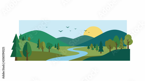 A serene landscape with a winding river, trees, and mountains under a sunny sky (12)