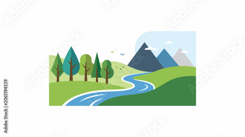 A serene landscape with a winding river, trees, and mountains (52)