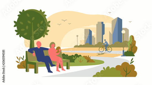 A serene urban park scene with a couple and a cyclist