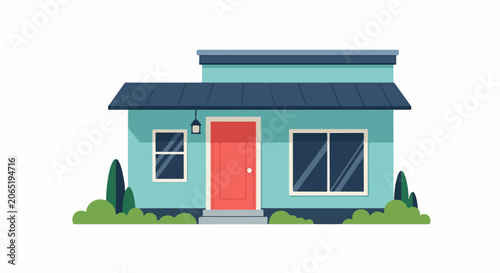 A simple teal house with a red door and dark roof