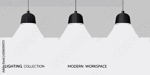 Obraz na plátně Three Black Industrial Pendant Lamps Against A Gray Background
