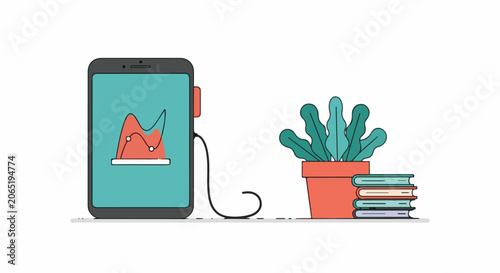 A smartphone displays a graph beside a potted plant and books