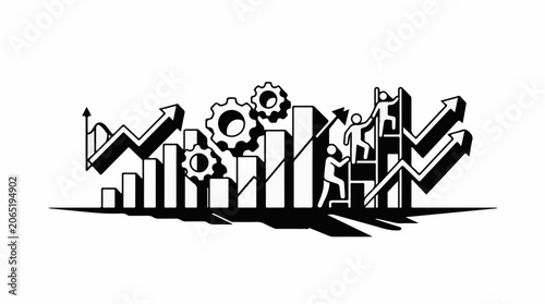 A stylized black-and-white graphic illustration of a cityscape with gears, arrows, and stick figures