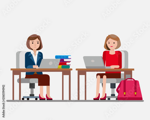 Two women at desks with laptops vector illustration on white background