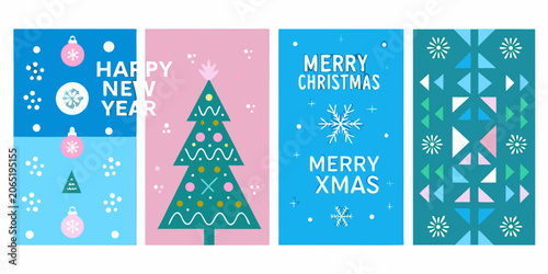 Festive Holiday Cards Featuring Geometric Shapes And Text Vector Illustration