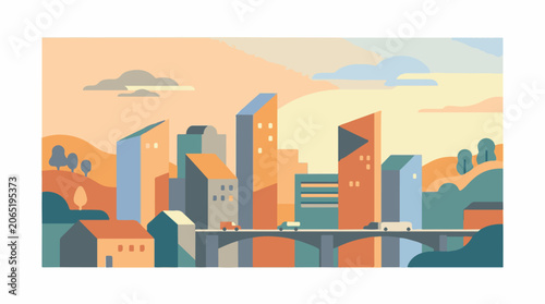 Cityscape with bridge and vehicles