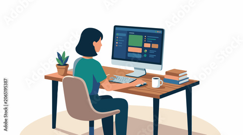 A woman sits at a desk, working on a computer with a keyboard, mouse, and monitor