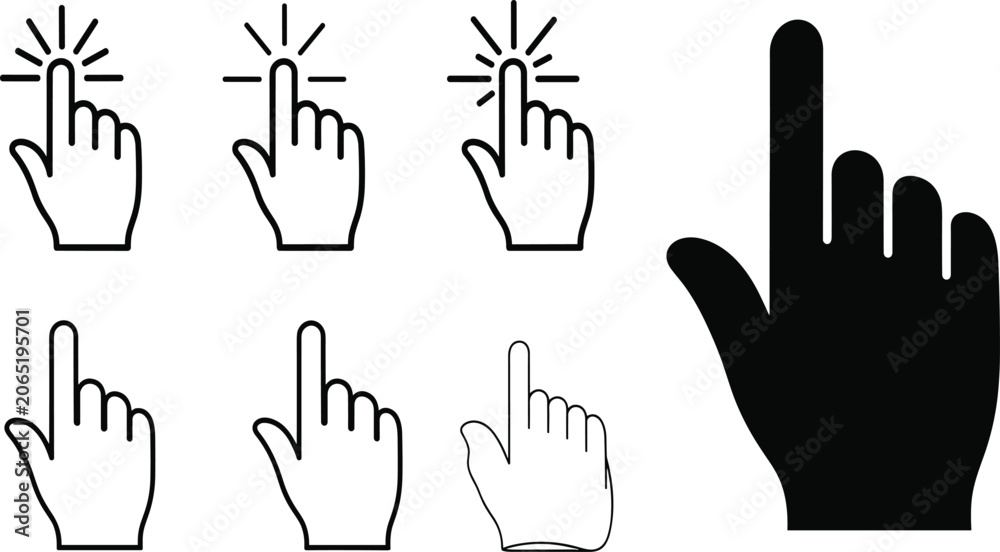 Fototapeta premium Hand Click Touch Gesture Icons Set with Finger Tap Symbols and Cursor Interaction Vector Collection