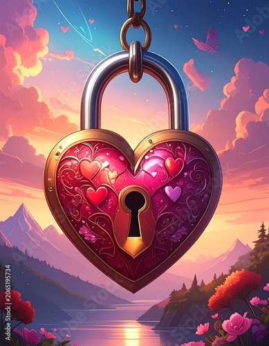 A heart-shaped padlock with floral designs hangs from a chain against a serene landscape with a lake, mountains, and vibrant sky