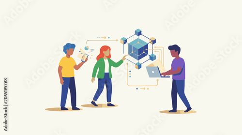 Illustration of diverse people interacting with technology and data visualization