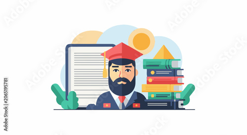 A bearded man in a graduation cap and suit surrounded by books