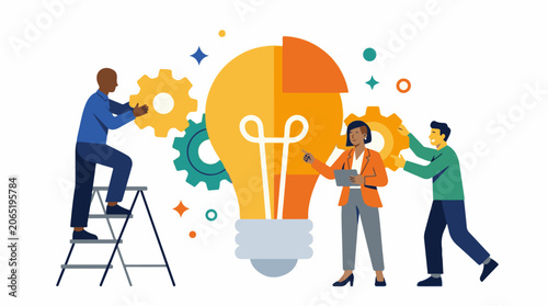 Illustration of three workers collaborating on a lightbulb with gears