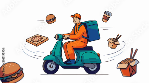 A cartoon delivery rider on a teal scooter surrounded by food