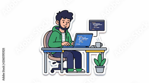 A cartoon man in a green hoodie works on a laptop