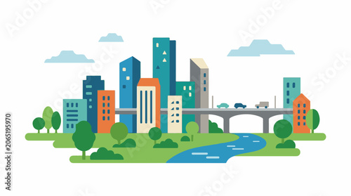 A cityscape with a river, bridge, and buildings