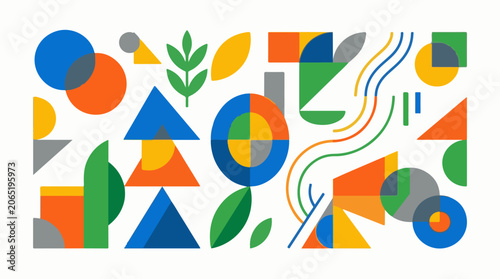A colorful abstract composition of various shapes and leaves on white background