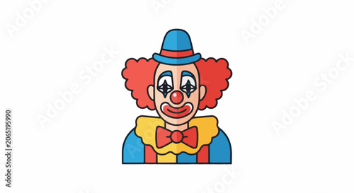 A colorful cartoon clown with red hair and a blue hat