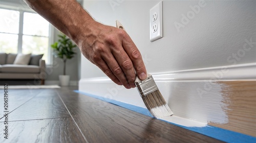 Hand painting white baseboard trim with a brush in a modern home