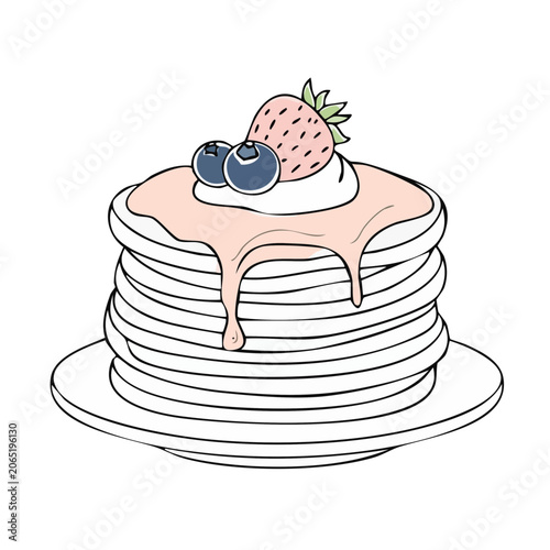 Flat Design Illustration of Pancake Stack with Berries and Syrup