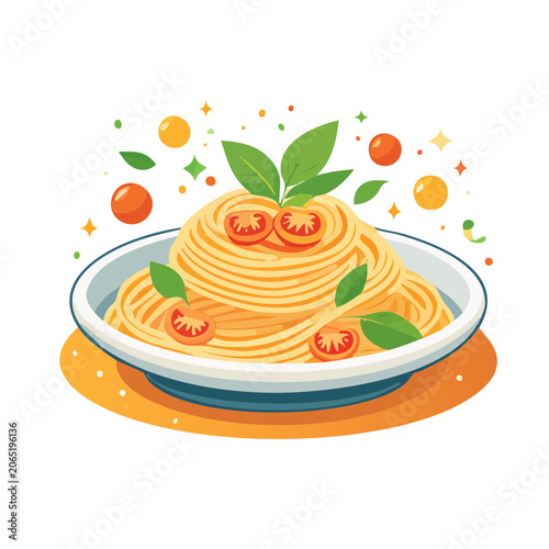 Flat design illustration of spaghetti with tomatoes and basil