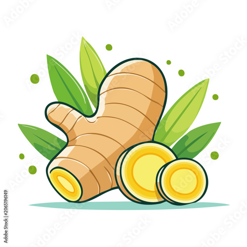 Flat design illustration of turmeric root with leaves