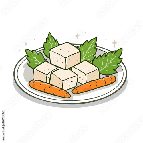 Flat Design Illustration of Tofu and Carrots on Plate