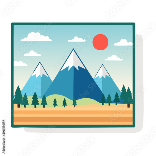 Flat design mountain landscape with forest and sunset