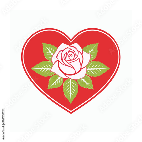 White rose in red heart with green leaves illustration