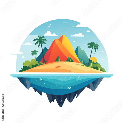 Tropical Island with Mountains and Palm Trees Illustration