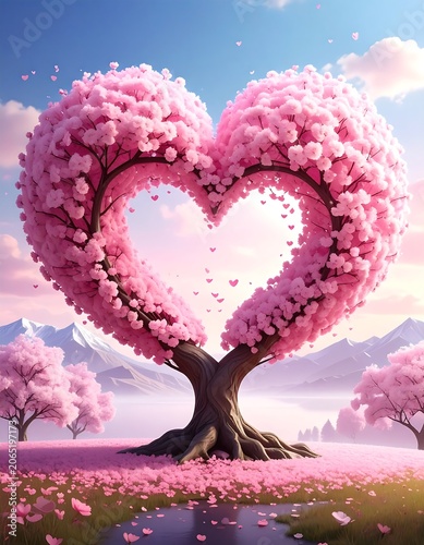 A heart-shaped tree with pink blossoms stands alone in a serene landscape