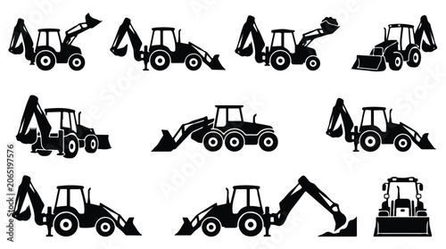 Backhoe loader silhouette set, heavy construction machinery icons, industrial excavator and tractor vector collection for building site design isolated PNG with Transparent Background