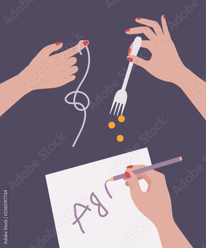 Fine motor skills exercises, using fork, threading and handwriting. Neurodiversity, dyspraxia concept.
