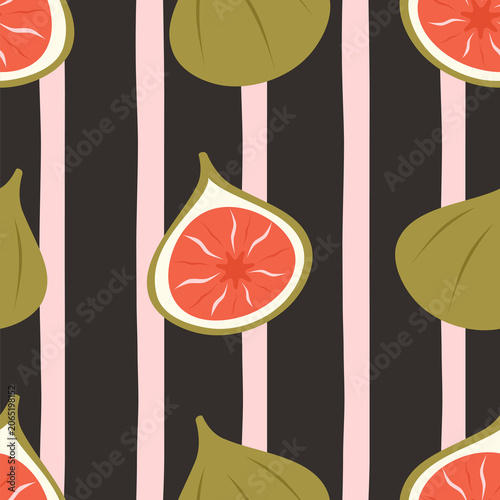 cute hand drawn modern seamless repeat vector pattern illustration with green figs on striped pink and dark background for fabirc, packaging and interior decor