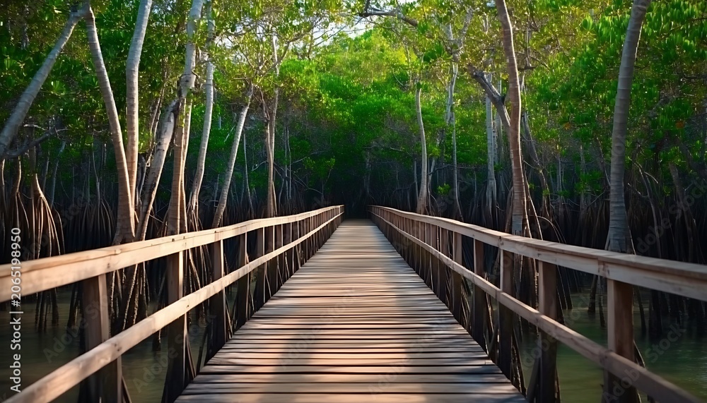 Fototapeta premium Wooden boardwalk through lush green mangrove forest over calm water.
